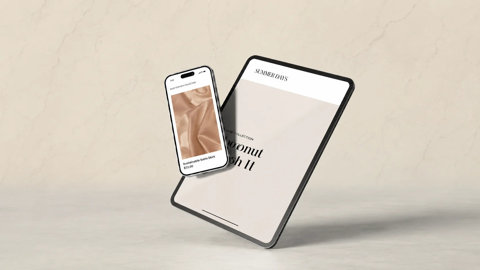 Premium smartphone and tablet mockup in elegant minimalist studio setting