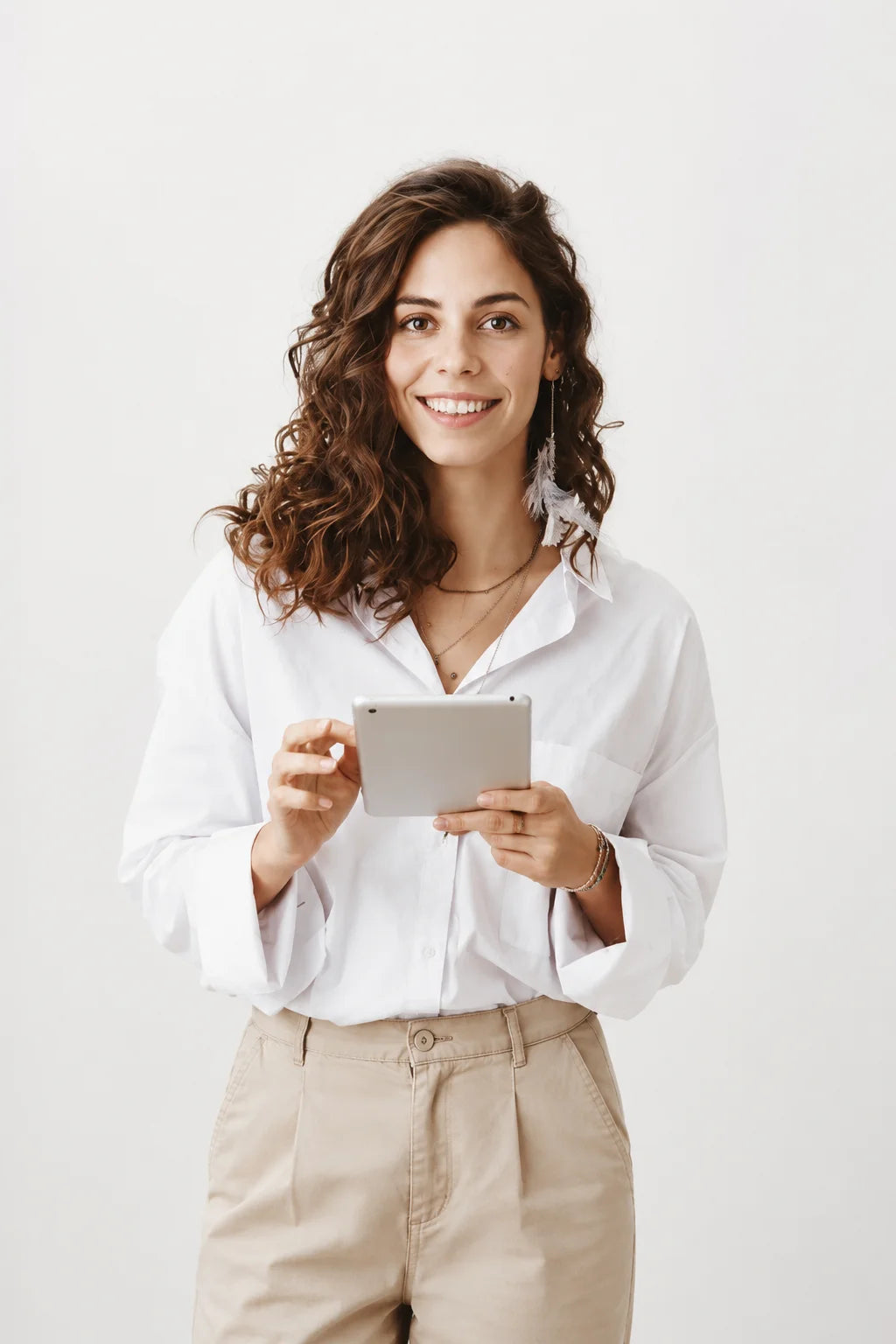 Smiling woman holding a premium tablet for work, online learning, and entertainment